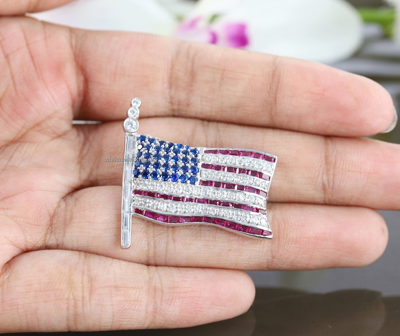 American USA Flag Brooch, Honor, Pride  Patriotic Jewelry, Hand Crafted 4th of July American Flag Pin Brooch, Stars & Stripes, 925 Silver