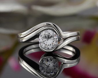 Bridal Ring Set, Swirl Bypass Tension Ring Set, 1CT Round Cut Moissanite Diamond Wedding Ring Set, Solitaire Band, 14K Solid White Gold Ring