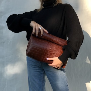 Textured Oversize Brown Vegan Leather Bag, Tan Leather Vegan Bag, Fold Over Clutch, Toiletry Bag, Gift for Her, Gift for Bestfriend,