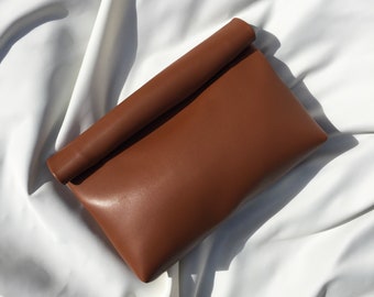 Fold Over Tan Leather Clutch Bag, Tan Vegan Leather Handbag, Women Faux Leather Purse, Daily Bag, Mother’s Day gifts, Gift For Mom, Minimal