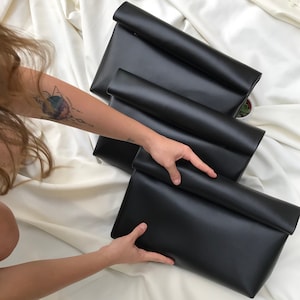 Fold Over Black Vegan Leather Clutch, Black Leather Bag, Fold Over Purse, Oversize Leather Bag, Daily Bag, Black Friday , Gift For Mom