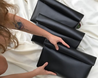 Fold Over Black Vegan Leather Clutch, Black Leather Bag, Fold Over Purse, Oversize Leather Bag, Daily Bag, Black Friday , Gift For Mom