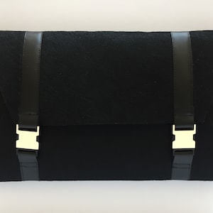 Black Felt Bag with Leather Strap, Felt Clutch, Women Black Felt Handbag, Felt Clutch with Golden Lock, Black Handbag, Black Felt Case, Gift