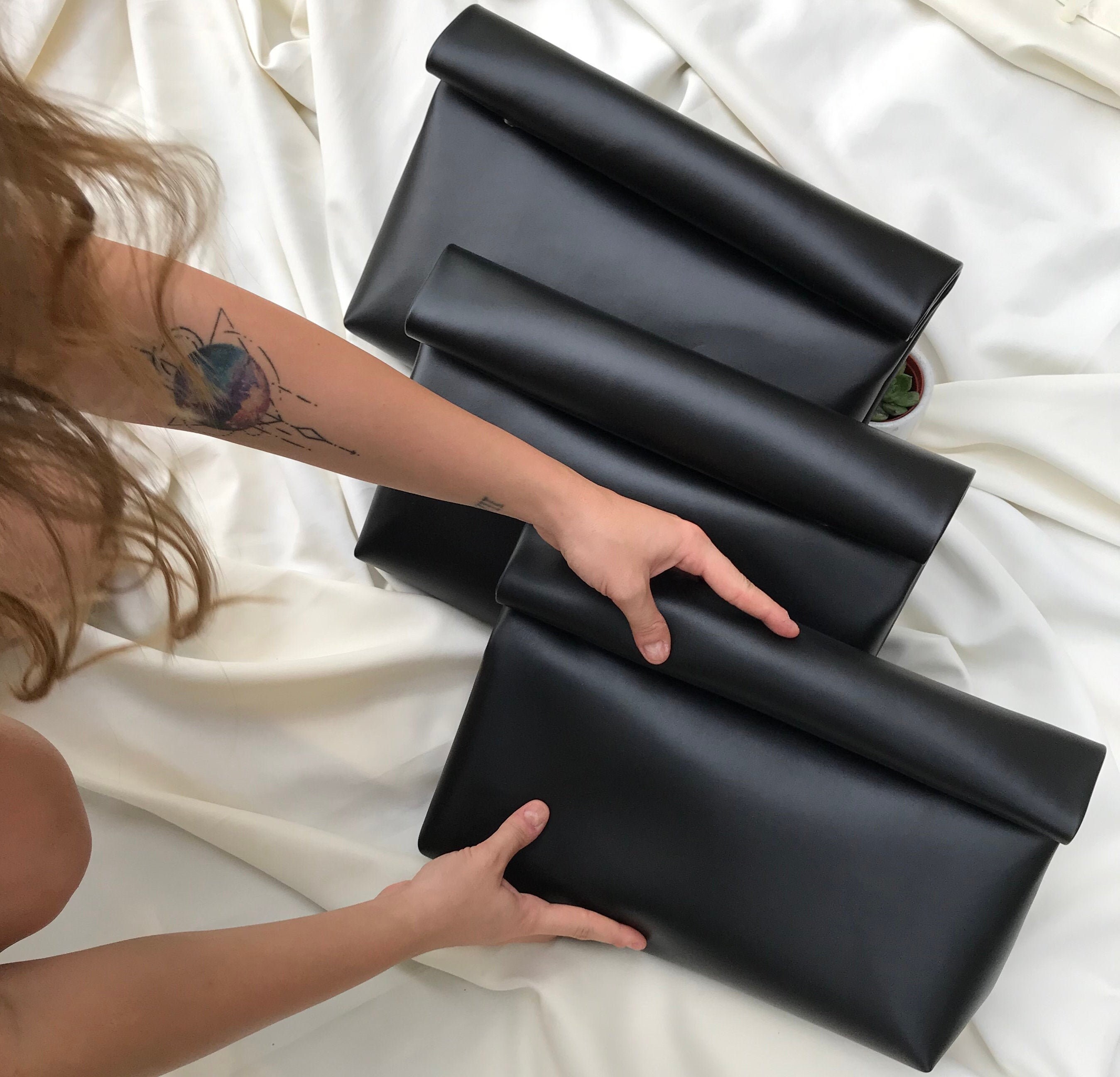 Fold Over Black Vegan Leather Clutch: Oversized Daily Bag