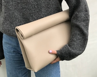 Vegan Beige Leather Bag, Oversize Bag, Fold Over Purse, Vegan Toiletry Bag, Mother’s Day, Mother’s Day gifts, Gift For Mom, Evening Bag