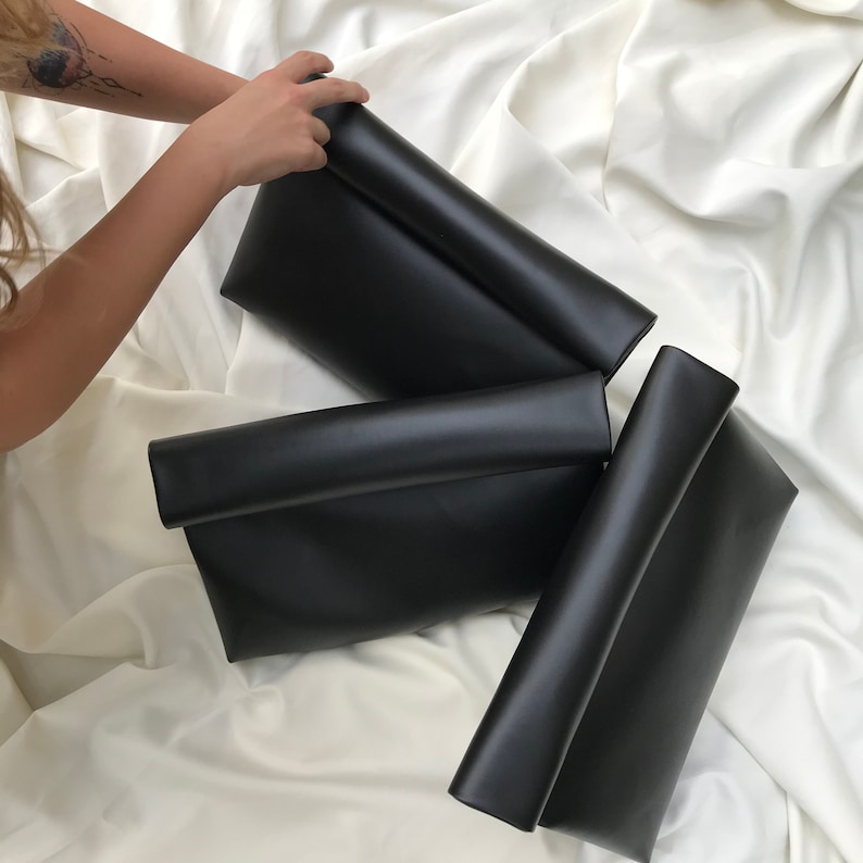 Fold Over Black Vegan Leather Clutch Black Leather Bag Fold Etsy