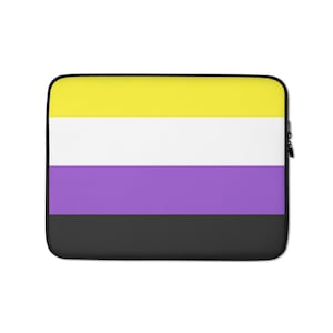 May include: A laptop sleeve featuring the non-binary pride flag. The flag has four horizontal stripes: yellow, white, purple, and black.