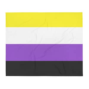 May include: A flag with four horizontal stripes: yellow, white, purple, and black. This is a representation of the non-binary pride flag.