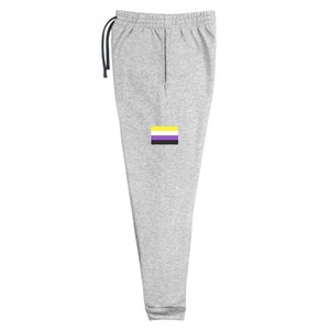 May include: Gray sweatpants with a yellow, white, purple, and black flag printed on the left leg.