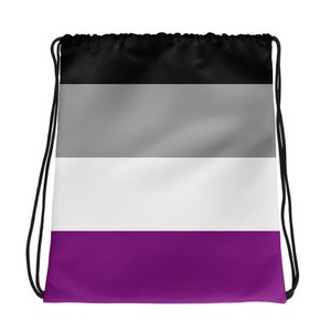 May include: A black, gray, and purple drawstring bag with the asexual pride flag printed on it.