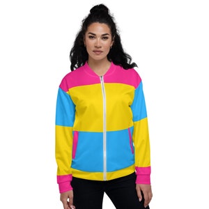 May include: A bomber jacket with a horizontal striped pattern in pink, yellow, and blue. The jacket has a zip fastening and two pockets.