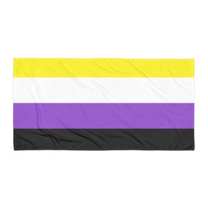 May include: A non-binary pride flag with yellow, white, purple and black horizontal stripes.