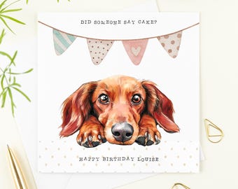 Red Dachshund Birthday personalised Card.  Long Haired Dachshund birthday card, Sausage dog Birthday card, cute card for a Dachshund owner
