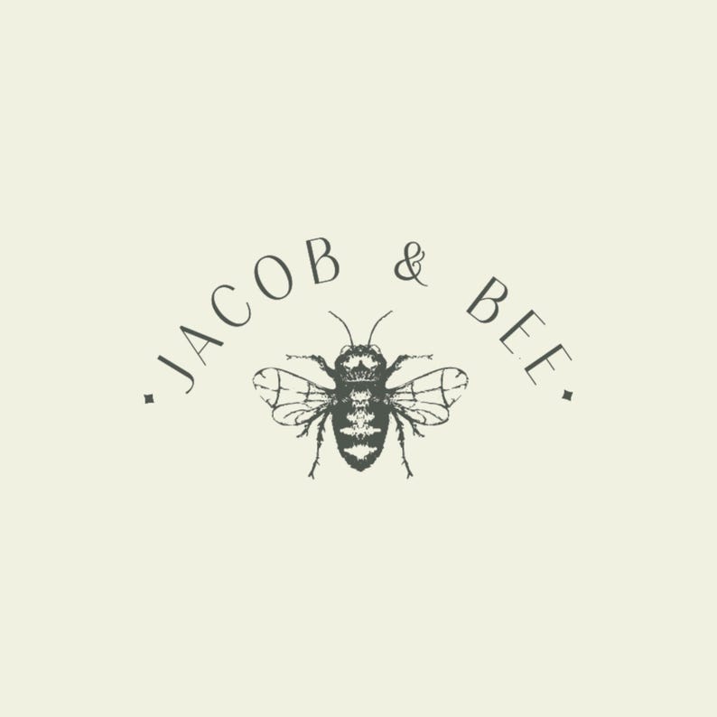 May include: A black and white illustration of a bee with the text "JACOB & BEE." above it.