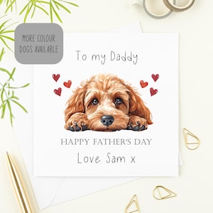 May include: A Father's Day card featuring a brown and white dog with red hearts. The card reads "To my Daddy" and "Happy Father's Day" with the name "Sam" at the bottom.