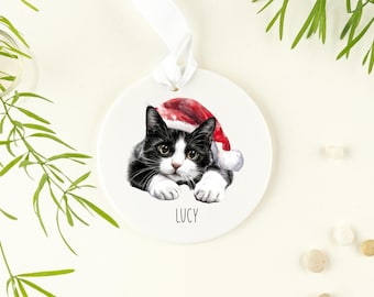 Personalised Black and White Cat ceramic Christmas tree ornament, Black & White Cat Christmas decorations, perfect gift for a Cat owner.