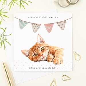 May include: A birthday card with an illustration of a ginger tabby cat. The card has the text "Happy Birthday Hayley" above watercolour bunting. The bottom of the card reads "Have a purrrfect day."