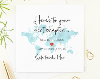 Personalised Here's to your next chapter card, Going away card, travelling the world card, new adventures , new beginnings, adventure awaits