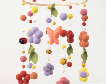 Wool Felt Garden Mobile: Bees, Butterfly, Flowers, Girls Room Decor