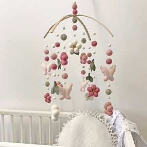 soft blush pink and sage butterfly flower Garden with leaves, sweet baby girl nursery, flower mobile, felt ball flowers, nursery decor.