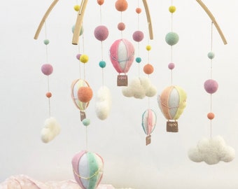 Pastel Rainbow Hot Air Balloon Mobile: Handmade Felt Nursery Decor
