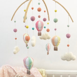 Pastel Rainbow Hot Air Balloon Mobile: Handmade Felt Nursery Decor