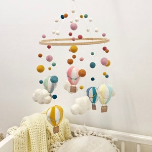 Scandi rainbow hoop hot air ballon and cloud mobile, felt ball mobile, handmade mobile, neutral gender nursery, baby mobile, felt mobile,