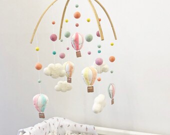 Pretty Pastel rainbow hot air balloon and cloud mobile, felt ball mobile, handmade mobile, neutral gender nursery, baby mobile, felt mobile,