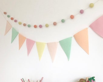 Pastel Rainbow Flag and Felt Ball Garland: Nursery Decor