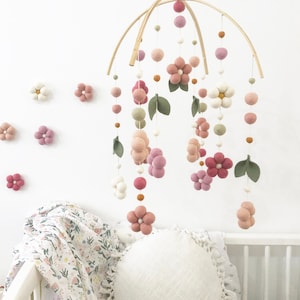 Blush Pink Flower Baby Mobile: Wool Felt Garden Nursery Decor