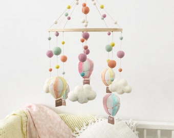 Pastel Rainbow Hot Air Balloon Mobile: Handmade Felt Ball Cloud Mobile
