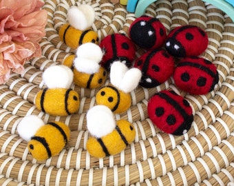 Felt lady beetle and bees, imaginative play, felt insects, garland ornaments.
