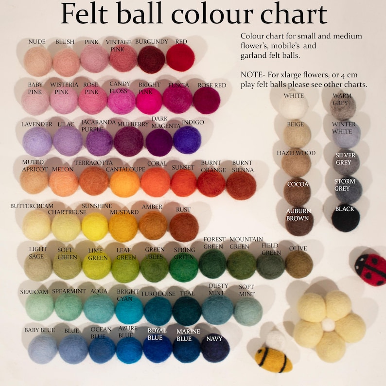 May include: A felt ball color chart displays an array of felt balls in various colors, including pinks, purples, oranges, greens, and blues. The chart includes color names like "Nude," "Blush," and "Baby Pink." Additional felt ball designs, such as a ladybug and a bee, are also shown.