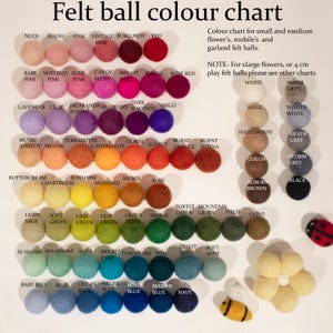 May include: A felt ball colour chart displaying rows of small round felt balls in various shades, labeled with names like Nude, Blush, Pink, Red, Lavender, and Navy. The text includes instructions for small, medium, and 4 cm felt balls.