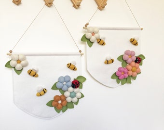 Merino Wool Felt Bee & Flower Wall Banner - Custom Colors