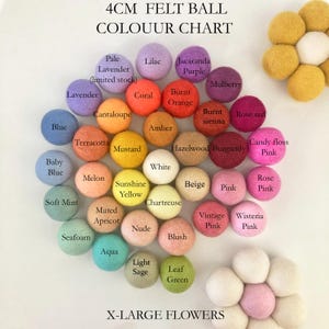 May include: A color chart of 4cm felt balls in various colors, including blue, pink, yellow, and green. The chart displays the names of the colors, such as "Lavender," "Coral," and "Mustard." The text "X-LARGE FLOWERS" is at the bottom.