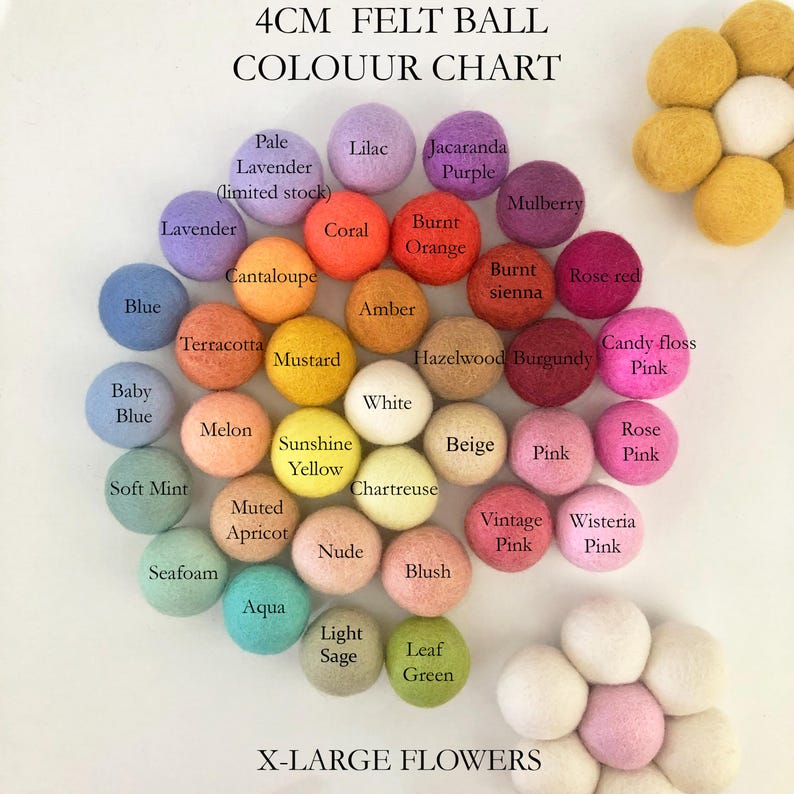 May include: A color chart of 4cm felt balls in various colors, including blue, pink, yellow, and green. The chart displays the names of the colors, such as "Lavender," "Coral," and "Mustard." The text "X-LARGE FLOWERS" is at the bottom.