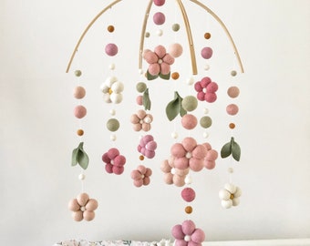 Blushing pink and sage Garden with leaves flower mobile, sweet baby girl nursery, flower mobile, felt ball flowers, nursery decor.