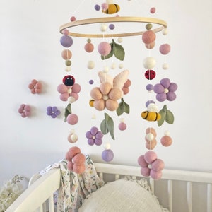 Sweet garden dreams mobile with leaves,  flower mobile, girls room mobile. Bee , lady beetle, Butterfly, flower mobile.