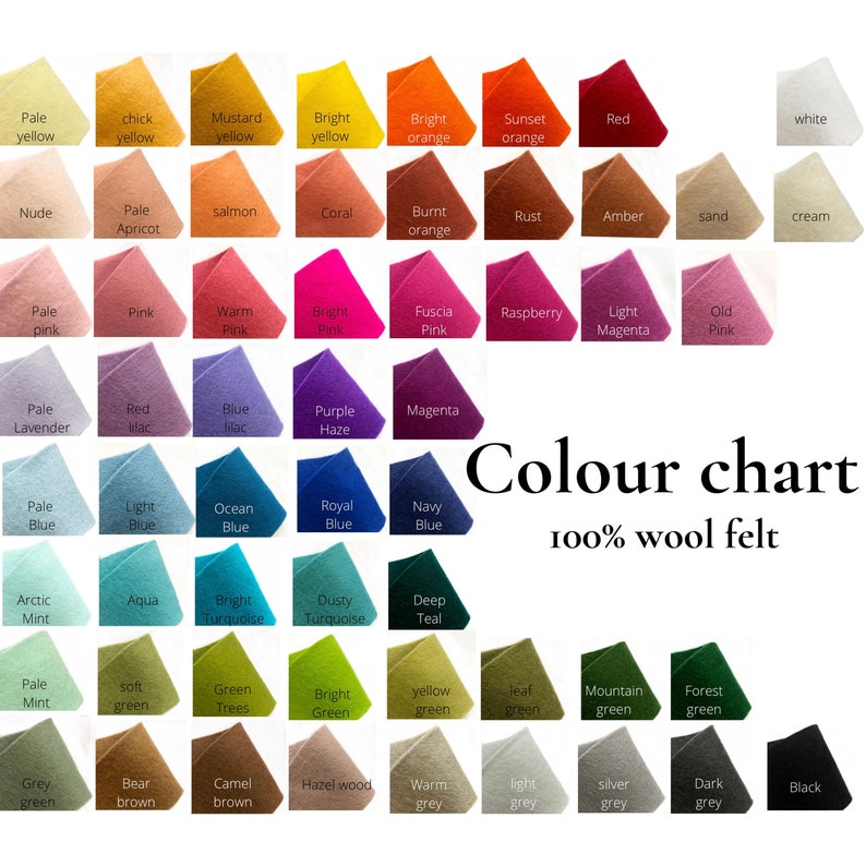 May include: A color chart of 100% wool felt in a variety of colors, including yellow, orange, red, pink, purple, blue, green, and grey. Each color is labeled with its name. The chart includes the text "Colour chart".