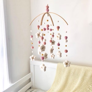 classic Daisy with blush flower mobile,  baby girl nursery, flower mobile, felt ball flower, white and  blush pink.