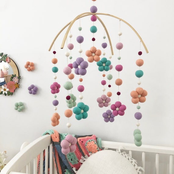 Felt Ball Flower Mobile: Pink Nursery Decor, Baby Girl Room