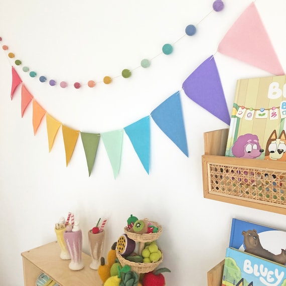 Earthy Rainbow Felt Ball Garland and Flag Bunting: Nursery Decor