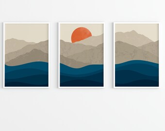 Mid Century Modern Landscape Print Set: Navy Ocean, Mountain Art (Digital Download)