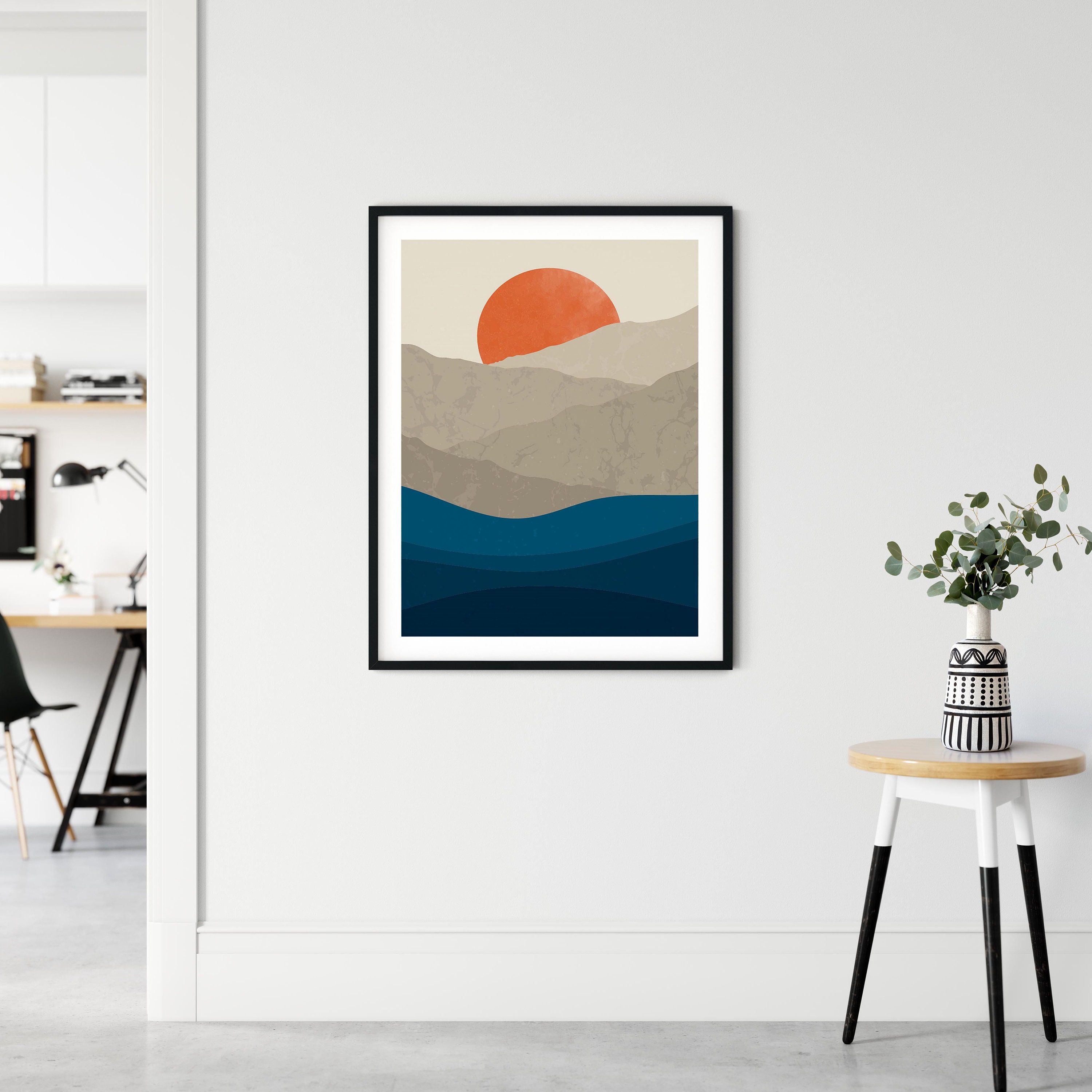 Mid Century Modern Art Landscape Sunset Ocean and Mountain Print Set of ...