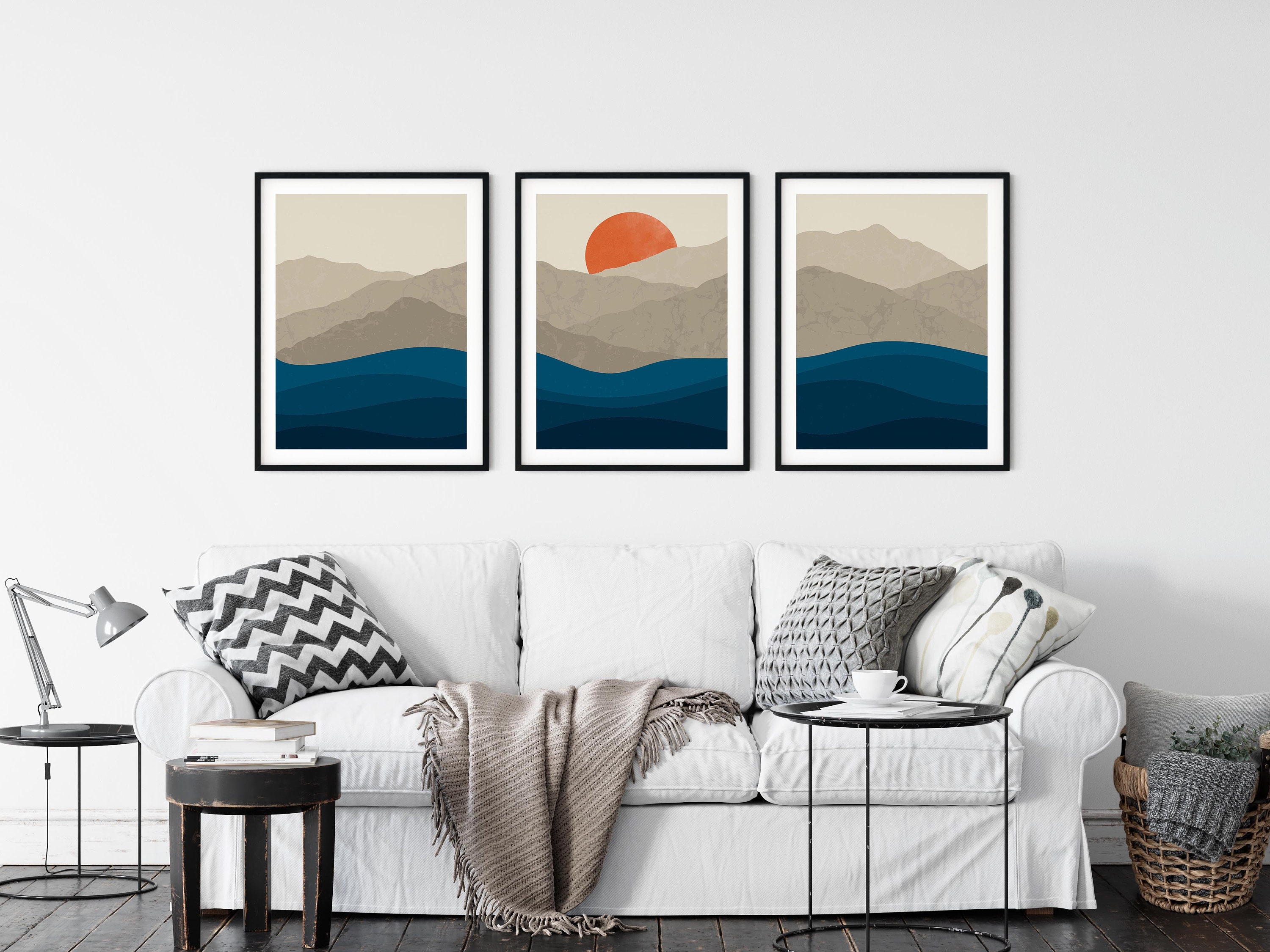 Mid Century Modern Art Landscape Sunset Ocean and Mountain Print Set of ...
