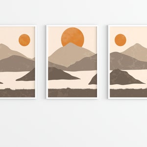 Abstract Mountain Landscape Print Set: Terracotta Sun, Minimalist Boho Wall Art (Digital Download)