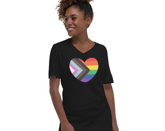 Progress Pride Heart V-Neck T-Shirt / Pride T-Shirt /
