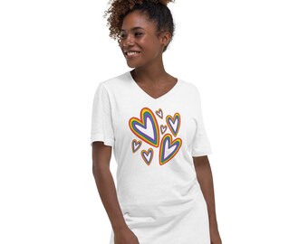 PRIDE Unisex Short Sleeve V-Neck T-Shirt / Rainbow T-Shirt / Rainbow Hearts / Love is Love