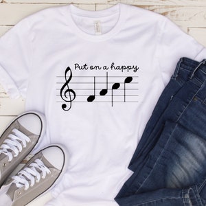 White short-sleeve unisex music t-shirt - Put on a Happy F-A-C-E